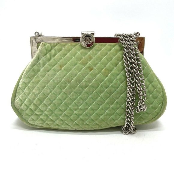 CHANEL Kisslock Matelasse Chain bag Shoulder Bag Velour Green x SilverHardware - Picture 1 of 11
